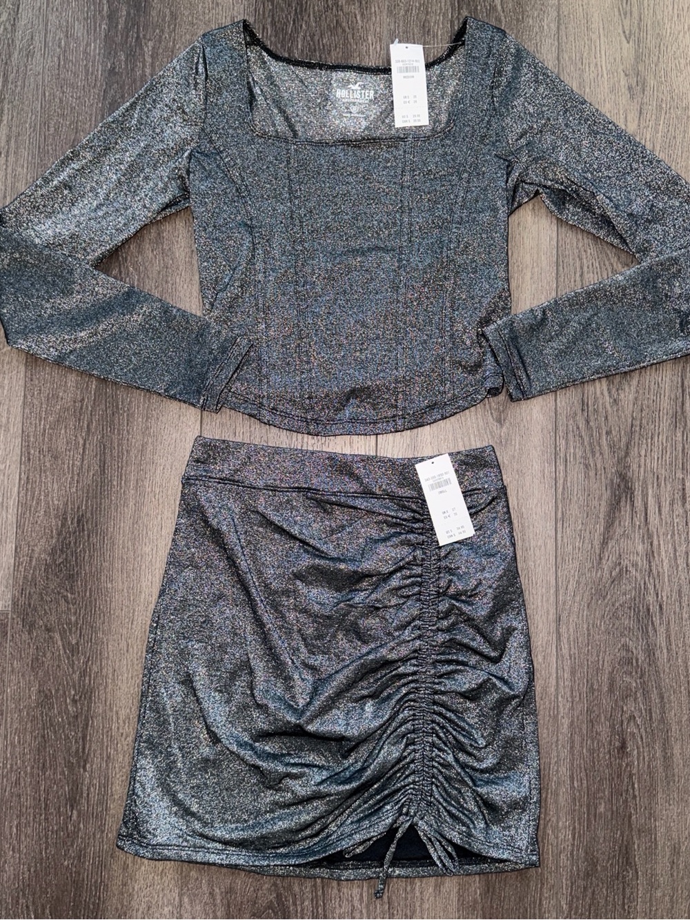 NWT $65 Hollister Shimmery Charcoal Silver Ruched Mini Skirt Top Set New Years